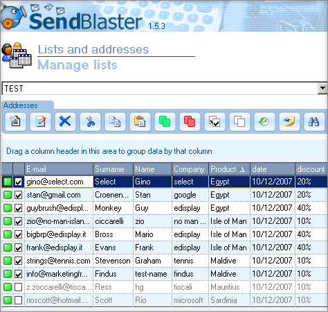 the mailing list management window list view